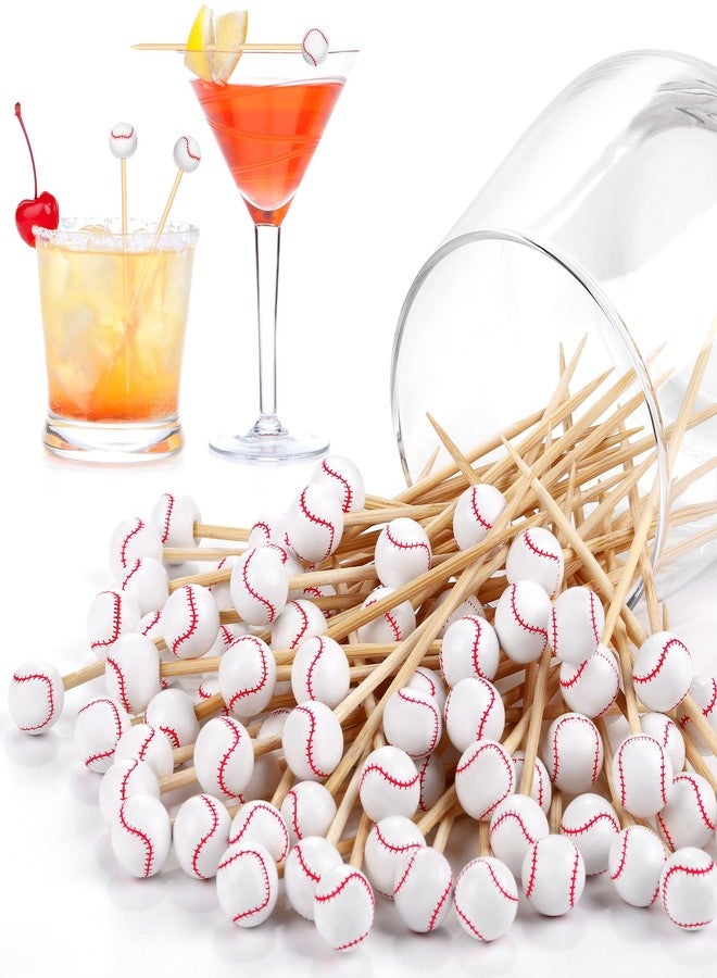 Aodaer 100 Pieces Baseball Bamboo Cocktail Picks 4.7 Inch Decorative Sports Ball End Cocktail Skewers Wooden Decorative Fruit Toothpicks Fruits Sandwich Buffets Party Supplies - Image 1